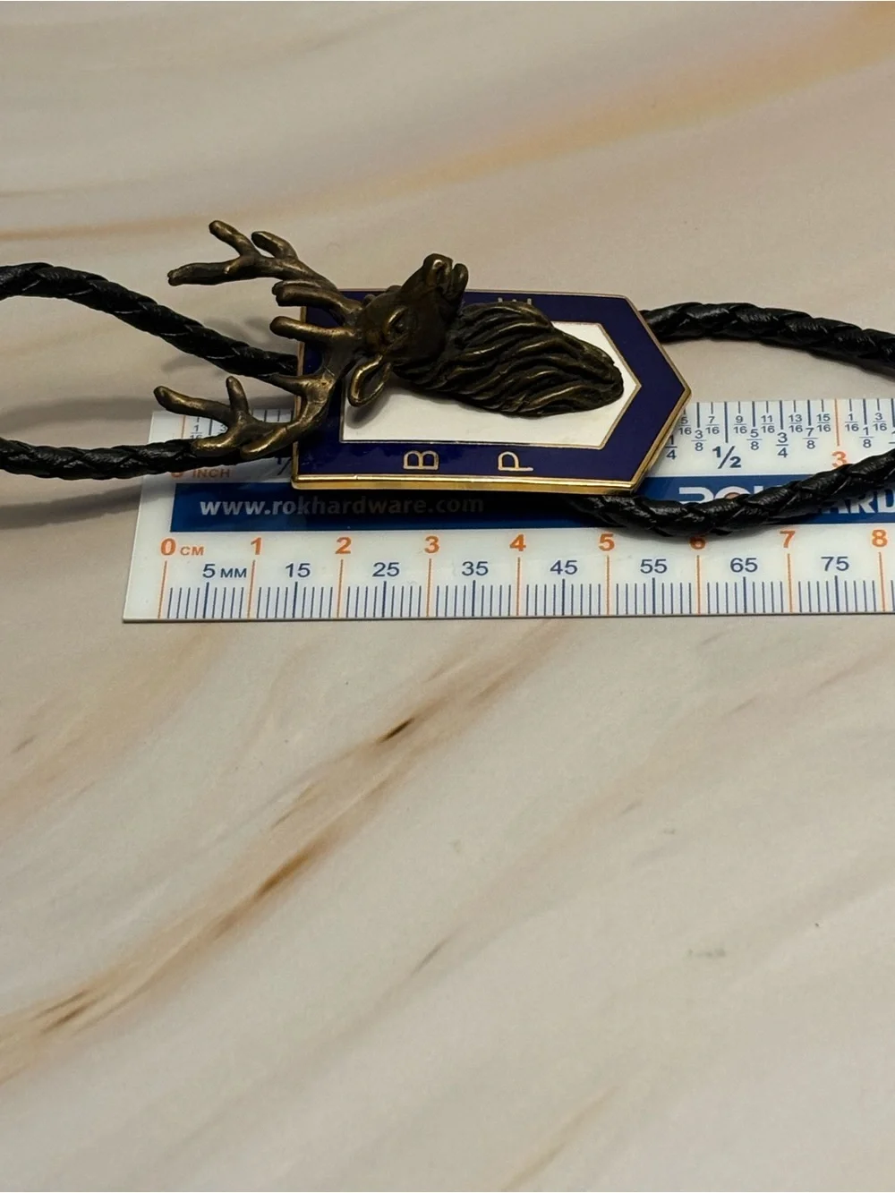 Vintage B.P.O.E. Brass Stag Bolo Tie with Blue & White Enamel Accent
